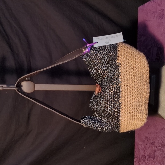 Hand Crafted Handbags - Handmade Crochet Tan Twine Black Pearlescent Curling Ribbon Leather Tote